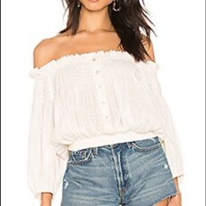 Free People Dancing Till Dawn Smocked Off Shoulder Button Top
